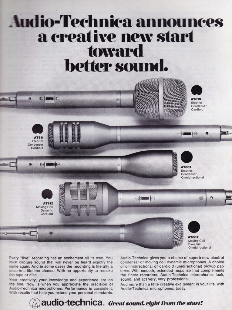 A Audio-Technica advertisement from 1977 displaying a series of 5 different microphones.